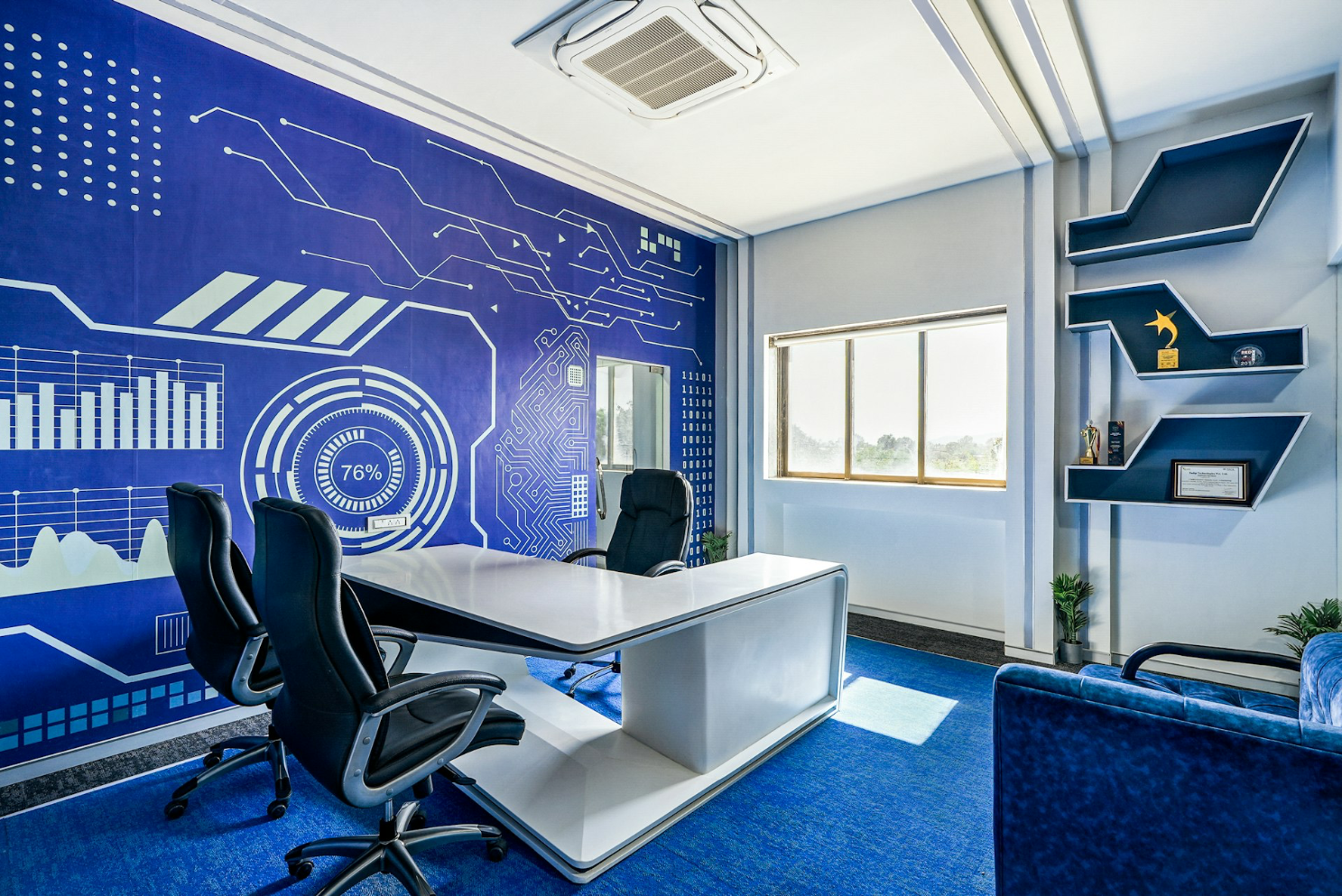 a room with a blue wall and a white desk